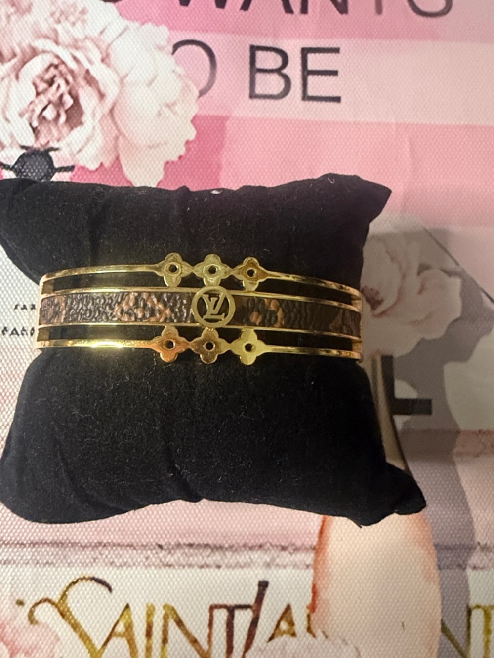 18k gold plated stainless steel Gold and Brown Floral Accent Bangle Bracelet